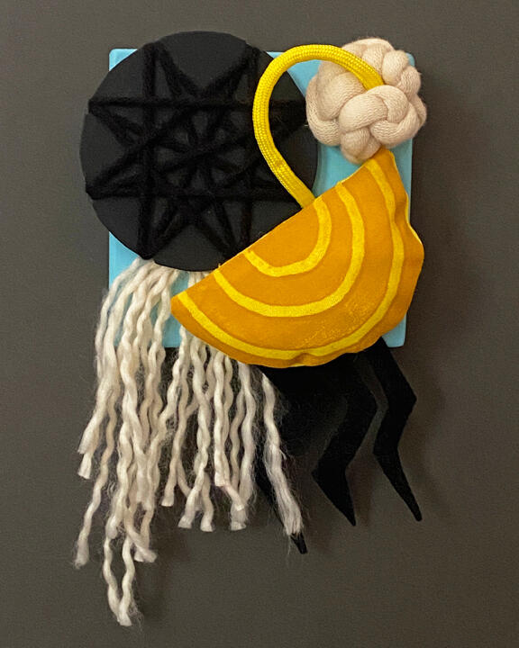 Mini Sculpture #54 by Tamara Bagnell colorful fabric sculpture made from fabric, wood, and rope titles, Mini Sculpture #54, by Tamara Bagnell